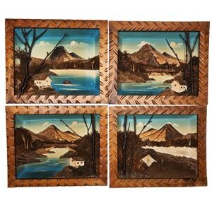 Japanese Bark and Moss Dioramas Shadow Box Art Set of 4 1950s Bark Moss 3D
